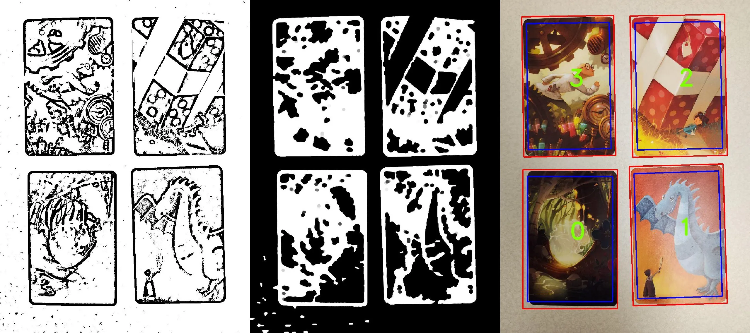 Example of how the card detector based on OpenCV works in 3 stages: filtering out regions of high contrast, apply binarization, find the edges and lines, then detect rectangular-shaped objects. In the last (3rd) image, you can see that all cards were correctly detected.